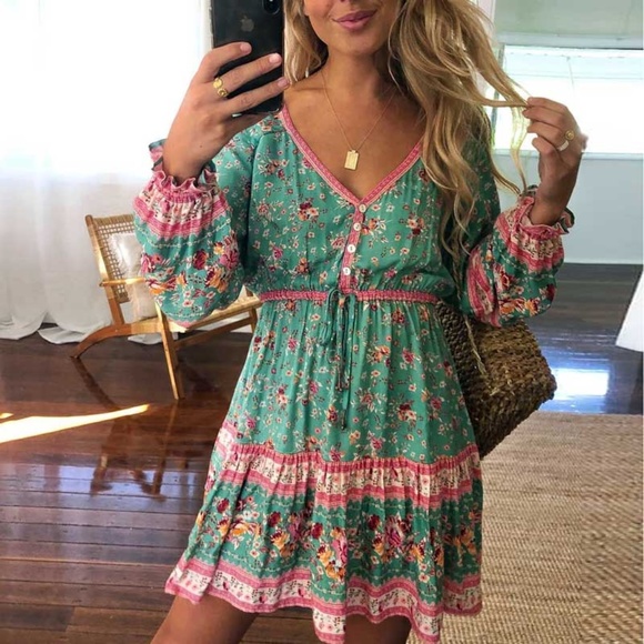 Boho Floral Tassel Tie V Neck Ruffle Wide Sleeve Mini Dress